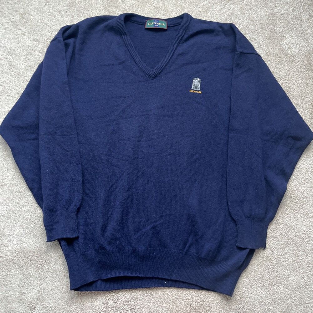 Glenmuir Sweater Mens XXL Wool Scotland V-neck Navy Golf Moor Park Logo Preppy